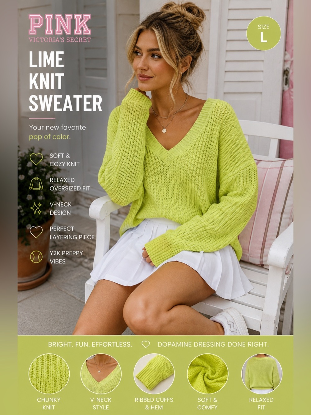 PINK Victoria’s Secret Lime Green V Neck Sweater Y2K Preppy Dopamine L